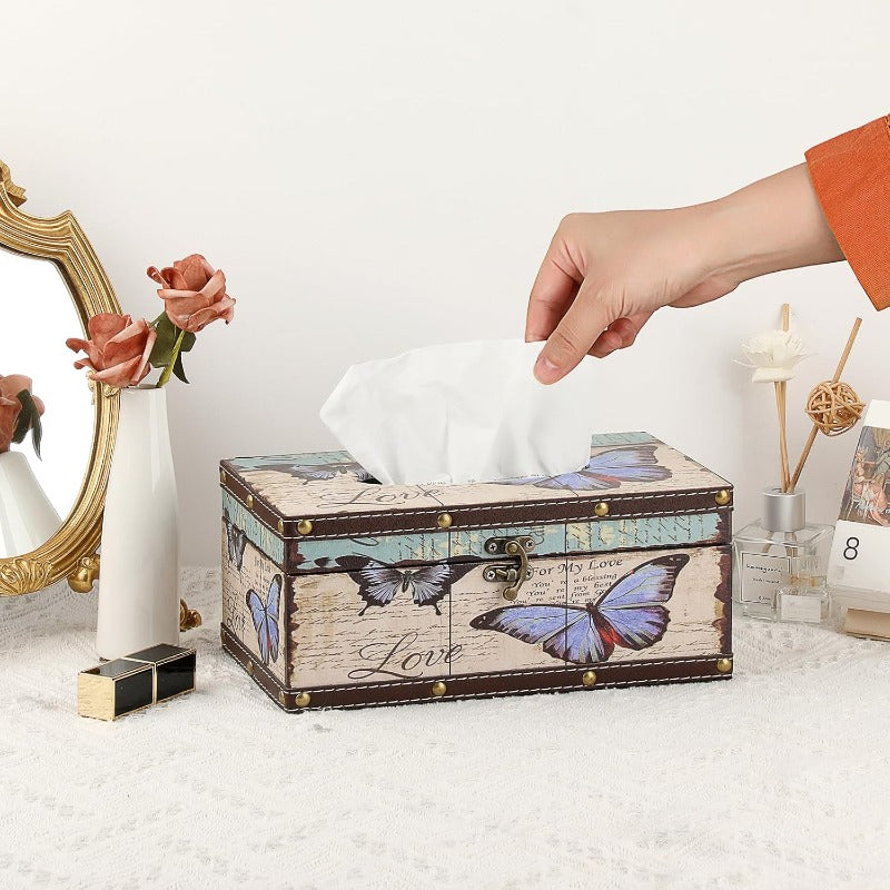 Rectangular Tissue Box Cover with a Lid, Made of Wood, Featuring a PU Cover And a Vintage Pattern, Floral & Butterfly Design, Pink Retro Square Plastic Holder, Beige Background & Brown Frame, Durable Easy-Clean, Suitable for Decorating Bathrooms, Toilets,