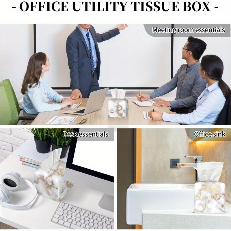 Modern Square Tissue Box Cover - Elegant White & Golden Marble-like design, PU Leather Holder with Closure, Fits Standard Tissues, Decorative Organizer for Living Room, Bathroom, Office, Car - Luxury Home Decor Gift, Bathroom Accessory, Chic Aesthetic,