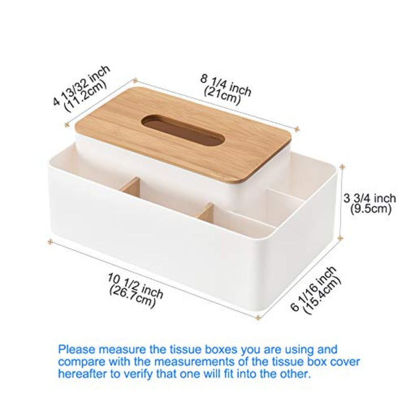 Modern White & Natural Brown Tissue Box Organizer with Bamboo Lid - Multifunctional Rectangular Storage Dispenser with 5 Compartments, Durable PS & Bamboo Construction for Home, Office, Dresser - Space-Saving Tissue Holder with Top Access & Open Shelf