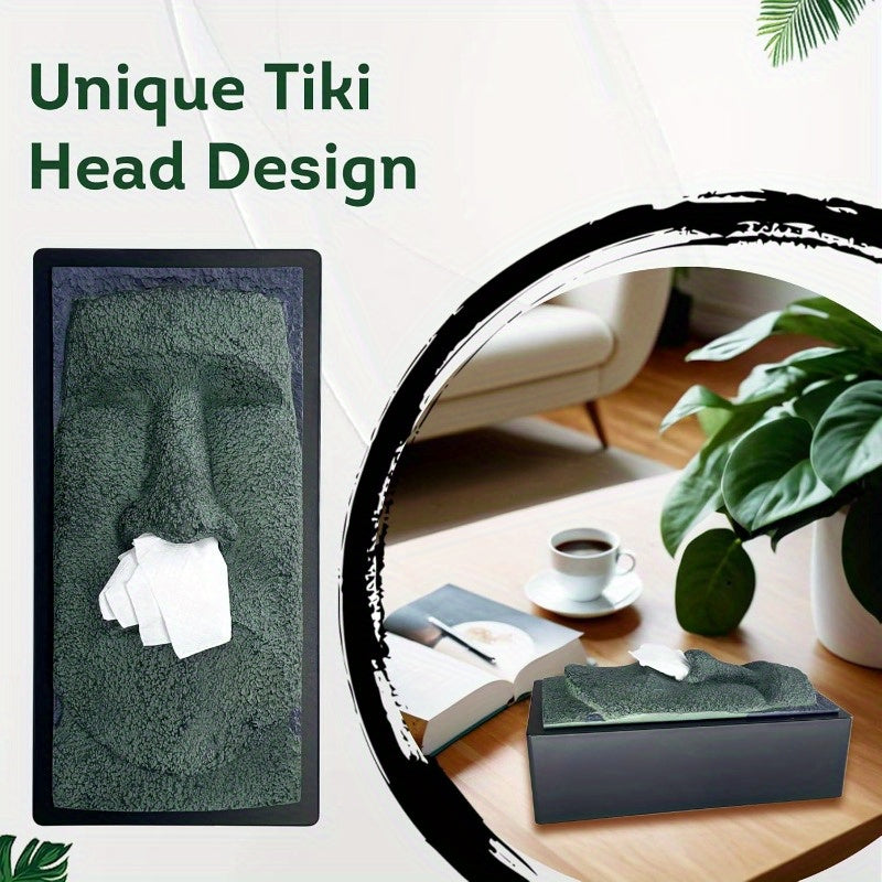 Tiki Head Tissue Box Cover - Decorative Resin Tissue Holder with Realistic Stone Texture, 5x5x11 Inch Square Nightstand Facial Tissue Case for Home Bathroom Countertops, Durable & Stylish Design, Bathroom Decor, Countertop Organizer, Natural Aesthetic,
