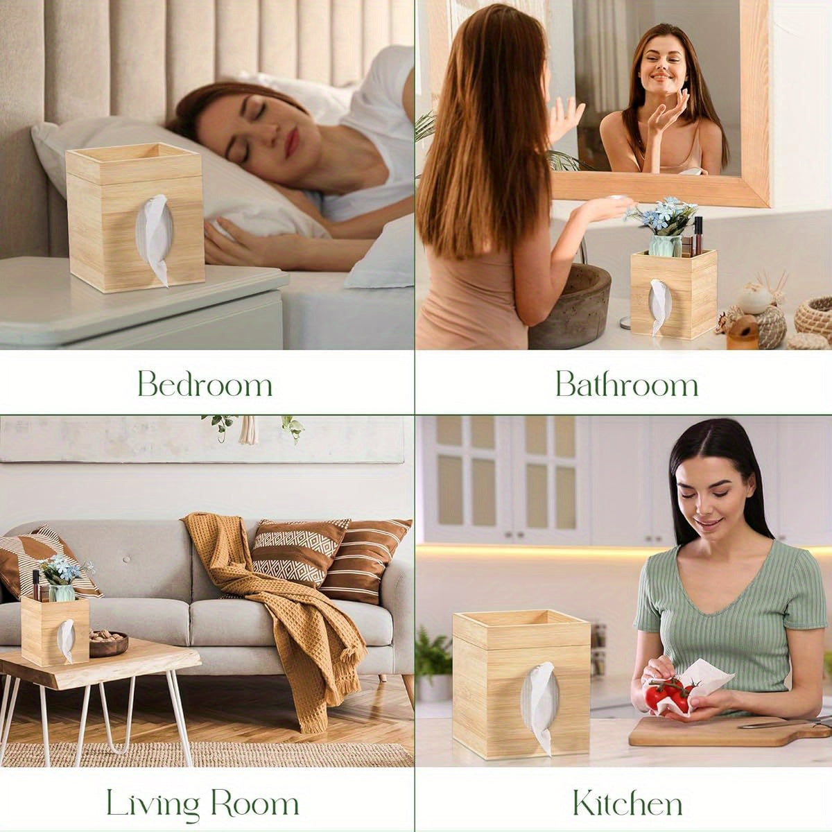 Bamboo Tissue Box Cover with Storage Tray - 6"x6"x7, 4" Square Plastic Holder for Bathroom, Bedroom, Office & Tabletop - Durable Rectangular Design with Secure Lid, Space-Saving Organizer for Tissues, Napkins & Small Items, Bathroom Organizers And