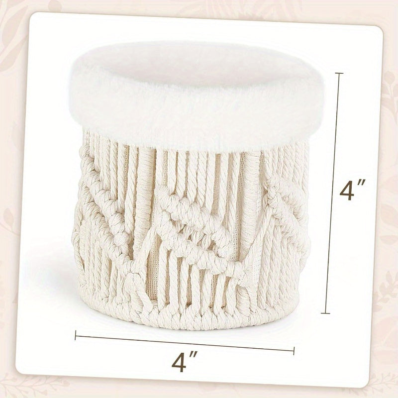 Set of 2 Macrame Tissue Box Cover & Makeup Brush Holder Organizer - Boho Decor Storage Basket with Beige//White Macramé Lattice Lid, Durable Fiber Material for Bathroom, Living Room, Bedroom - Elegant Home Decor, Dust-Resistant & Decorative Storage, Ivory