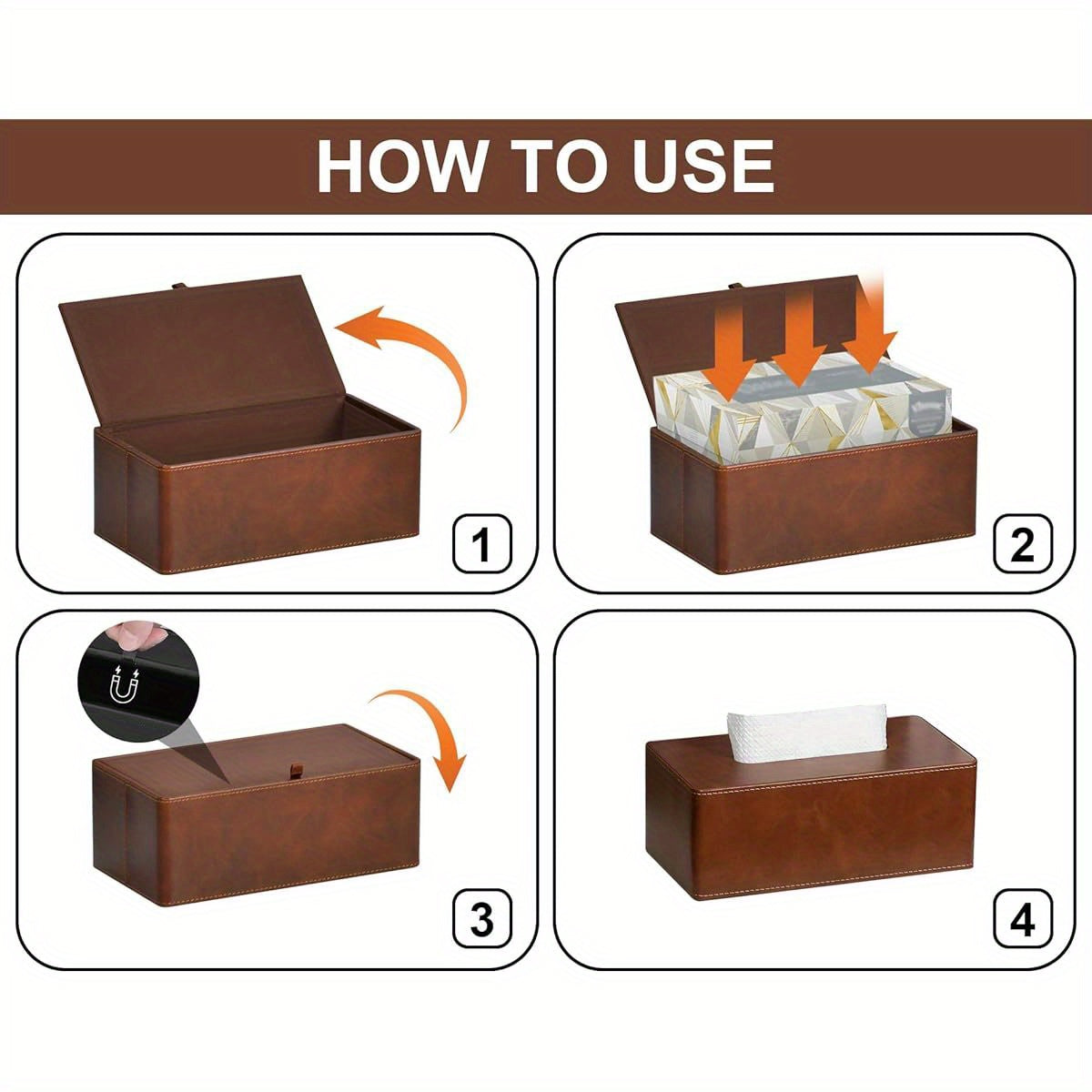Tissue Box Cover Rectangular 9. 8" ( L) x 5. 3" ( W) x 4. 3" ( H) Refined Modern PU Leather Facial Tissue Dispenser Box Holder for Dresser Bathroom Decorative ( Brown)