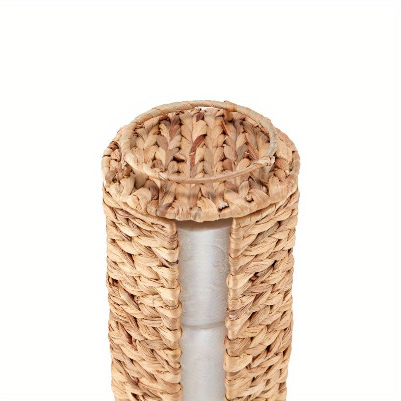 Elegant Beige Woven Tissue Holder with Lid – Natural Hyacinth Design, Round Bathroom Organizer for Toilet Paper, Stylish and Functional Home Decor, Toilet Paper Holder