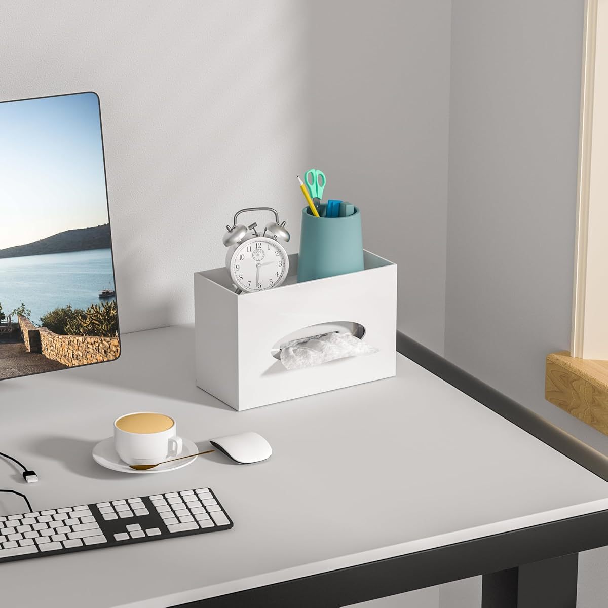 Modern Minimalist Tissue Box Cover and Dispenser with Built-in Storage Tray - Space-Saving Organizer, Durable Plastic Construction for Bathroom, Kitchen, Home, Office - Fits Standard Tissues (9.85x4.5x6.3 Inches) - Decorative Countertop or Under Cabinet