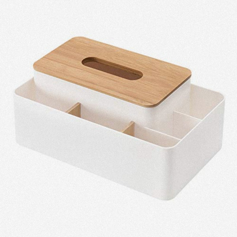 Modern White & Natural Brown Tissue Box Organizer with Bamboo Lid - Multifunctional Rectangular Storage Dispenser with 5 Compartments, Durable PS & Bamboo Construction for Home, Office, Dresser - Space-Saving Tissue Holder with Top Access & Open Shelf