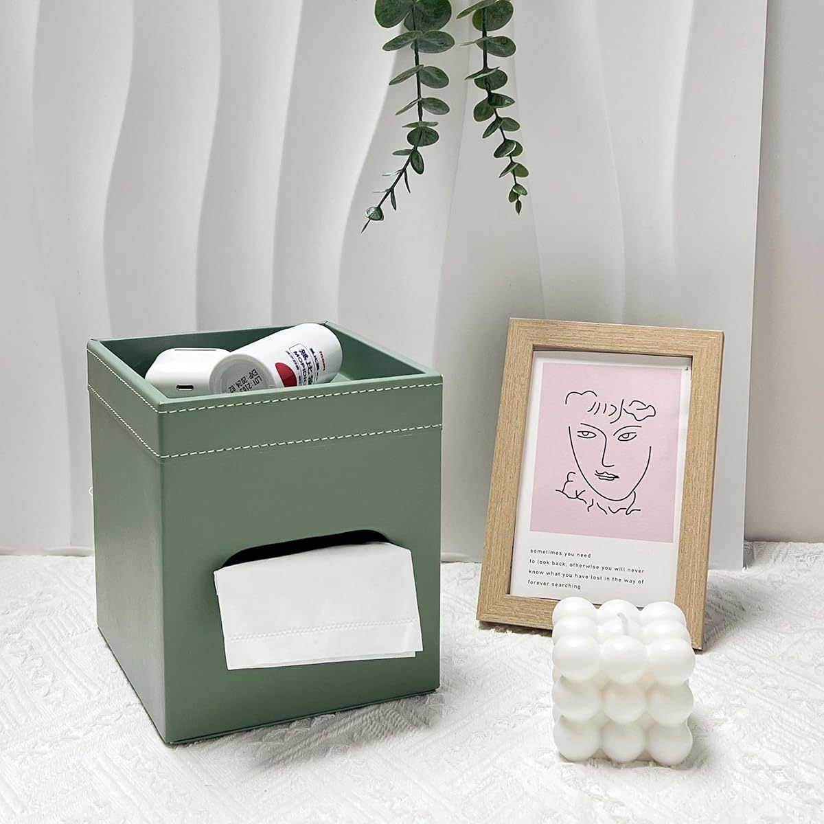 Modern Square Faux Leather Tissue Box Cover - Light Green, Decorative Storage Tray with Multiple Compartments, Perfect for Bathroom, Bedroom, Living Room & Office Decor, Decorative Tray | Modern Decor | Durable Plastic
