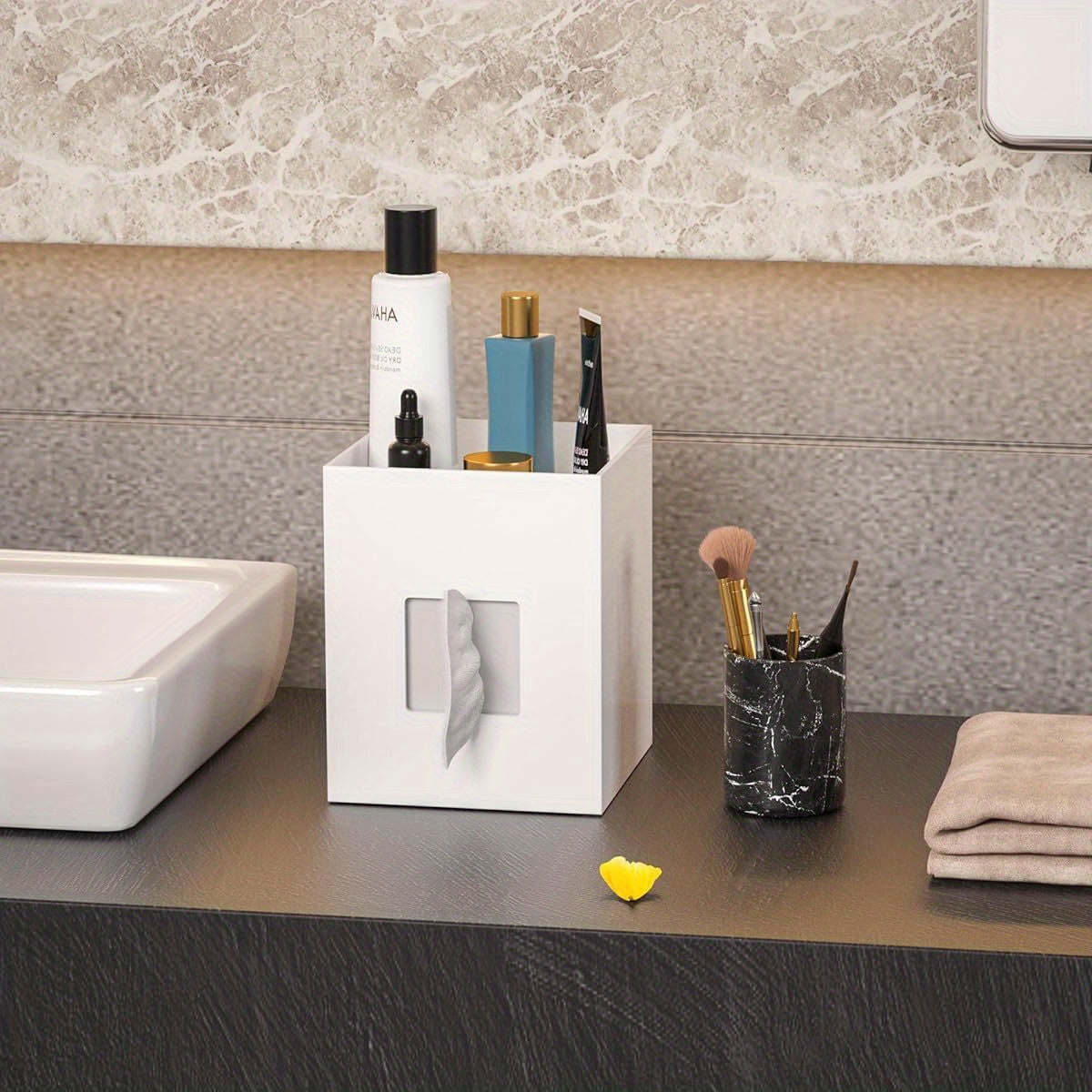 White Acrylic Tissue Box Cover with Storage Tray - Square Napkin Dispenser for Bathroom, Kitchen, Home Office (5.5x5.5x6.7)