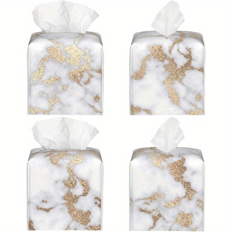Modern Square Tissue Box Cover - Elegant White & Golden Marble-like design, PU Leather Holder with Closure, Fits Standard Tissues, Decorative Organizer for Living Room, Bathroom, Office, Car - Luxury Home Decor Gift, Bathroom Accessory, Chic Aesthetic,