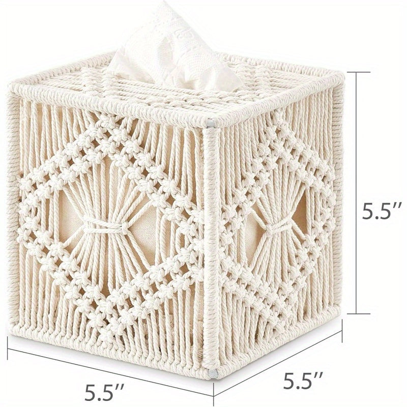 Set of 2 Macrame Tissue Box Cover & Makeup Brush Holder Organizer - Boho Decor Storage Basket with Beige//White Macramé Lattice Lid, Durable Fiber Material for Bathroom, Living Room, Bedroom - Elegant Home Decor, Dust-Resistant & Decorative Storage, Ivory