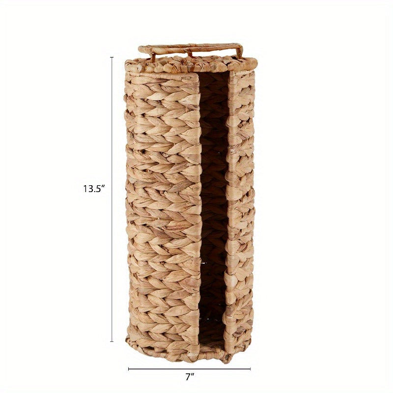 Elegant Beige Woven Tissue Holder with Lid – Natural Hyacinth Design, Round Bathroom Organizer for Toilet Paper, Stylish and Functional Home Decor, Toilet Paper Holder