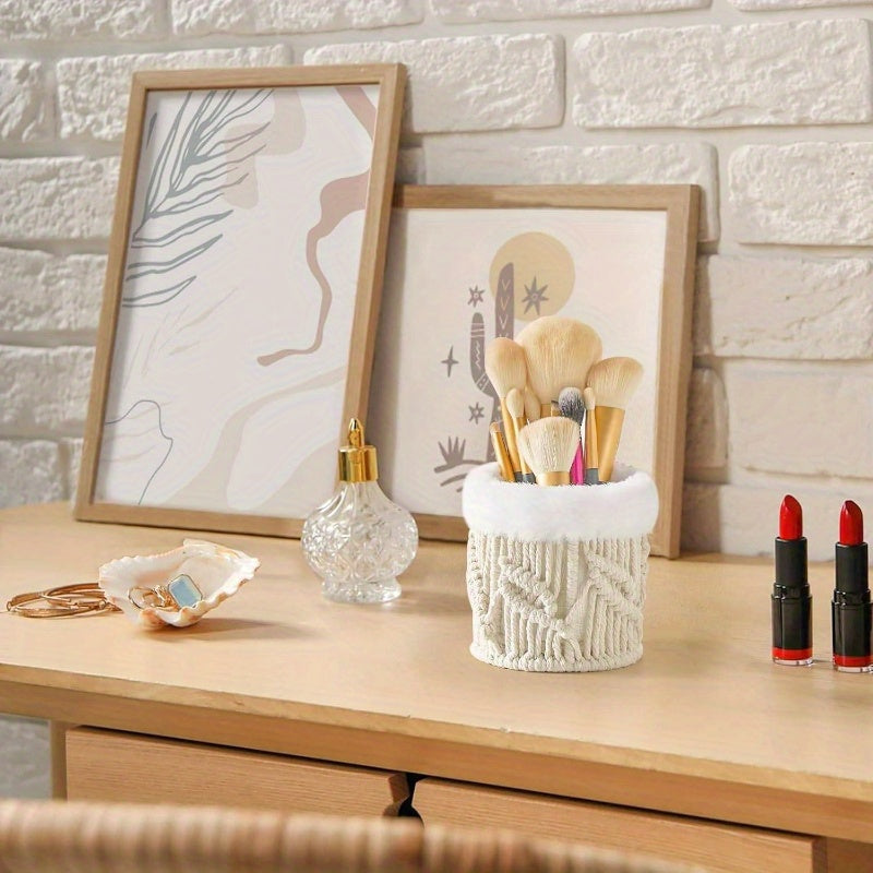 Set of 2 Macrame Tissue Box Cover & Makeup Brush Holder Organizer - Boho Decor Storage Basket with Beige//White Macramé Lattice Lid, Durable Fiber Material for Bathroom, Living Room, Bedroom - Elegant Home Decor, Dust-Resistant & Decorative Storage, Ivory