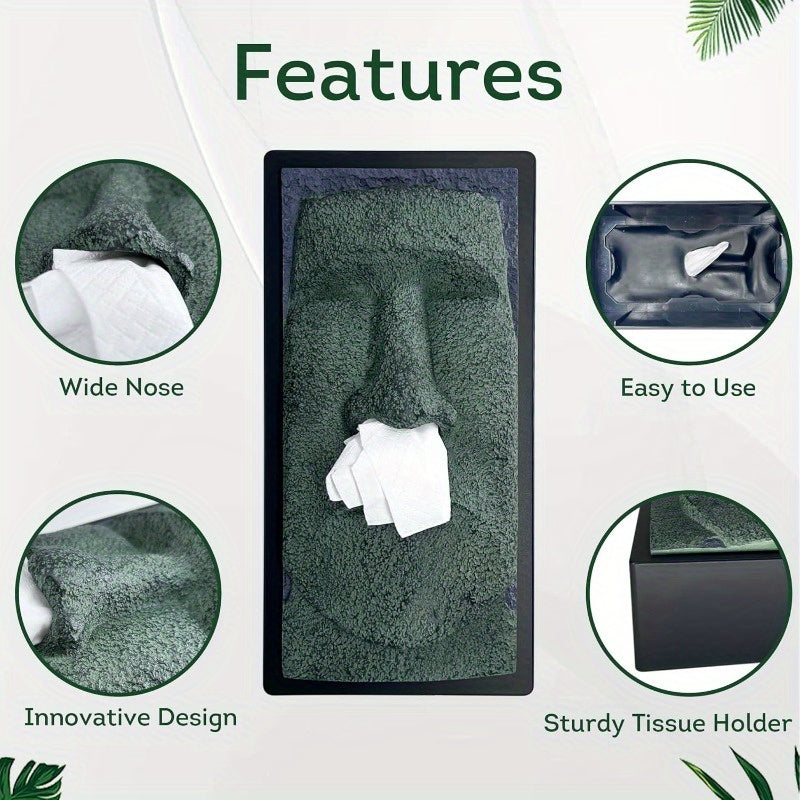Tiki Head Tissue Box Cover - Decorative Resin Tissue Holder with Realistic Stone Texture, 5x5x11 Inch Square Nightstand Facial Tissue Case for Home Bathroom Countertops, Durable & Stylish Design, Bathroom Decor, Countertop Organizer, Natural Aesthetic,