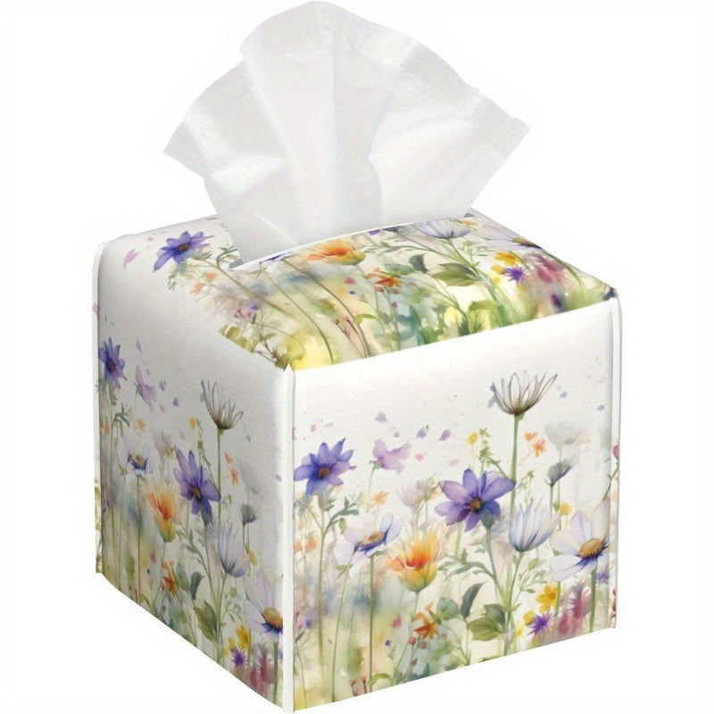 Watercolor Summer Floral Tissue Box Cover - Purple & White Square PVC Leather Holder with Closure, Fit for Bathroom, Desk, Home Decor - Decorative Organizer, Easy to Clean, Bathroom Organizers And Storage, Artistic Design, Soft Texture, Nightstand