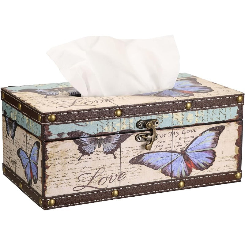 Rectangular Tissue Box Cover with a Lid, Made of Wood, Featuring a PU Cover And a Vintage Pattern, Floral & Butterfly Design, Pink Retro Square Plastic Holder, Beige Background & Brown Frame, Durable Easy-Clean, Suitable for Decorating Bathrooms, Toilets,