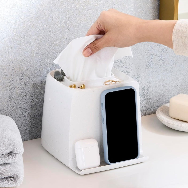 The Cube Tissue Holder Is a Square Box Designed to Store Phones, Jewelry, Makeup, And Other Accessories, Perfect for Organizing Your Nightstand, Desk, Or Bathroom.