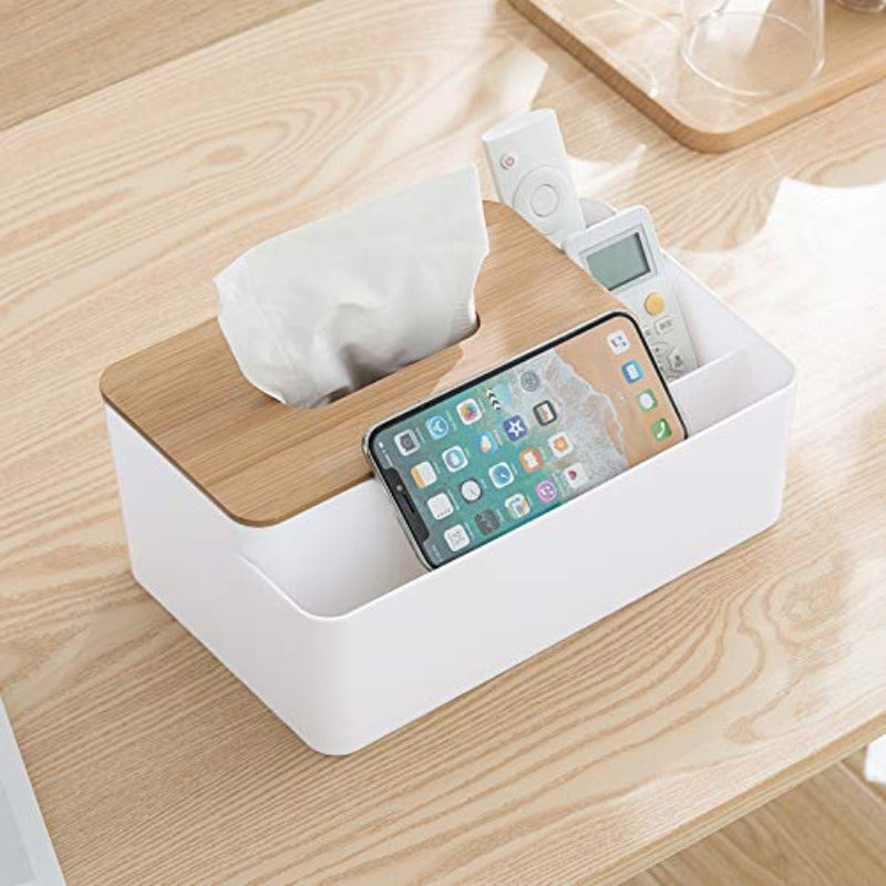 Modern White & Natural Brown Tissue Box Organizer with Bamboo Lid - Multifunctional Rectangular Storage Dispenser with 5 Compartments, Durable PS & Bamboo Construction for Home, Office, Dresser - Space-Saving Tissue Holder with Top Access & Open Shelf