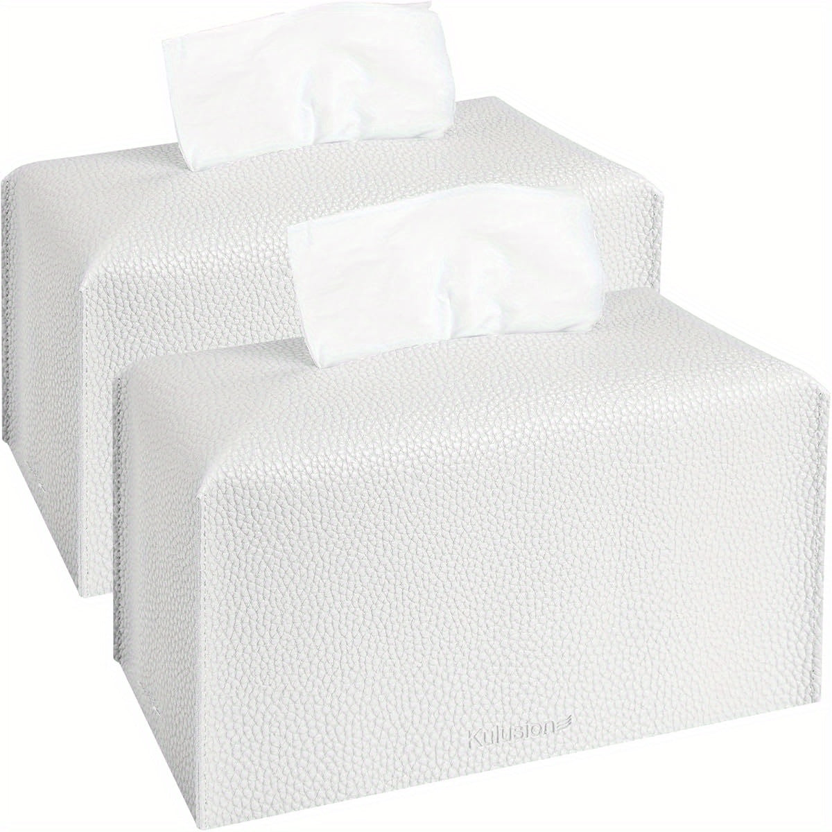 2pcs Tissue Box Cover Holder, Rectangular with Bottom Belt - PU Leather Tissue Cover Decorative Organizer for Tabletop, Bathroom, Car, Office, 9. 5X5X5 Inch - White