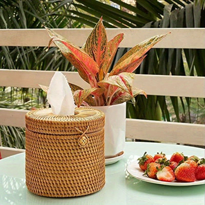 2pcs Natural Woven Tissue Box Cover with Lid - Rustic Farmhouse Bathroom Decor, Toilet Paper Holder with Openning, Compatible with Single Rolls - for Bathroom, Kitchen, Living Room - Easy Installation No Tools Needed, Home Organization, Rattan Design,