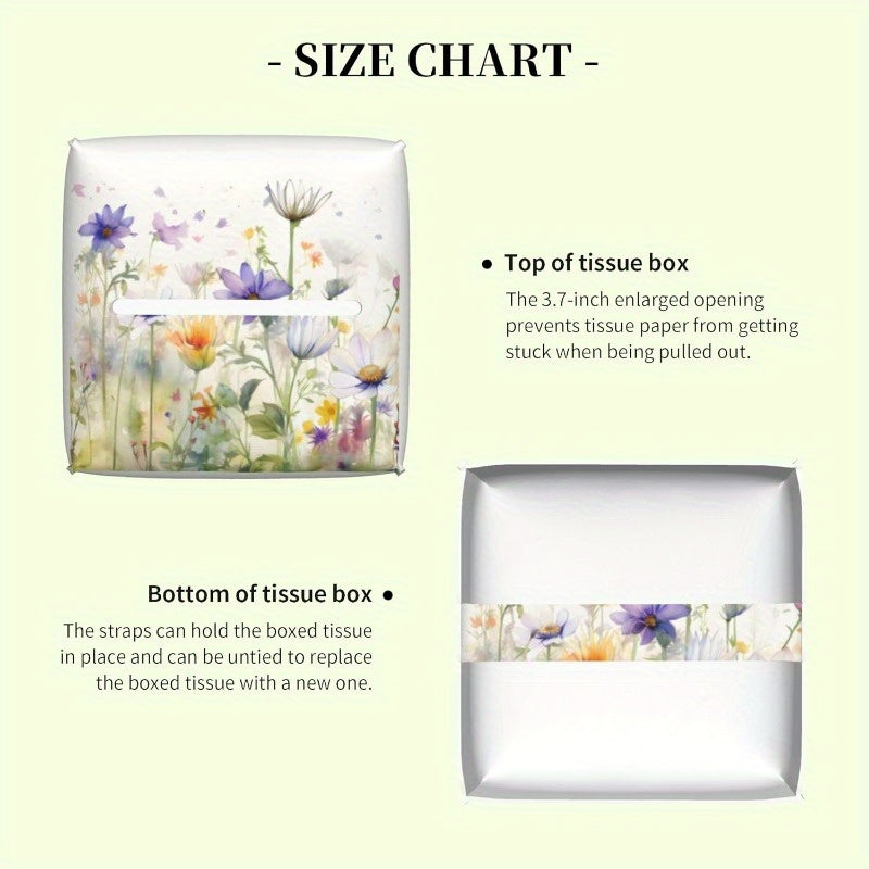 Watercolor Summer Floral Tissue Box Cover - Purple & White Square PVC Leather Holder with Closure, Fit for Bathroom, Desk, Home Decor - Decorative Organizer, Easy to Clean, Bathroom Organizers And Storage, Artistic Design, Soft Texture, Nightstand