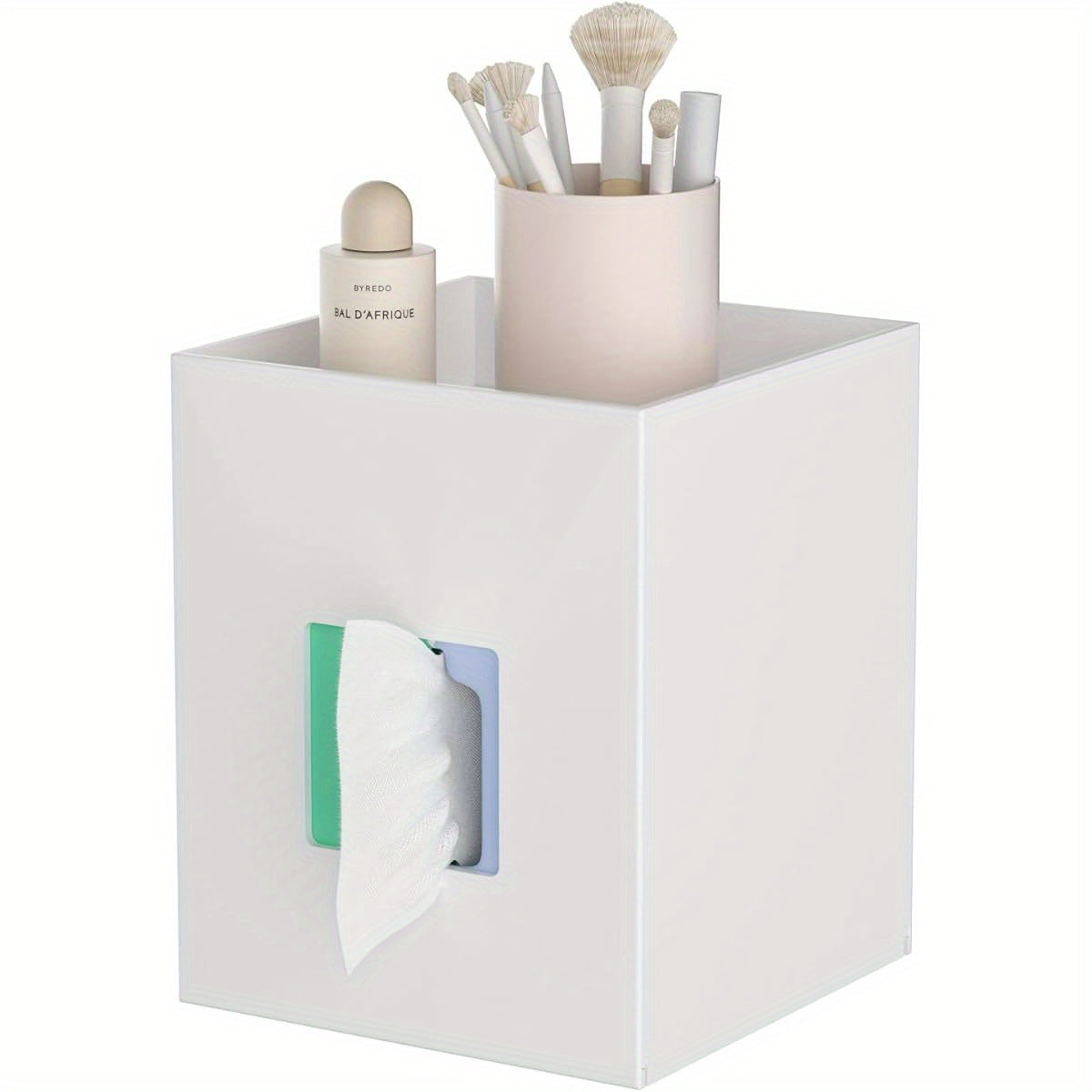 White Acrylic Tissue Box Cover with Storage Tray - Square Napkin Dispenser for Bathroom, Kitchen, Home Office (5.5x5.5x6.7)