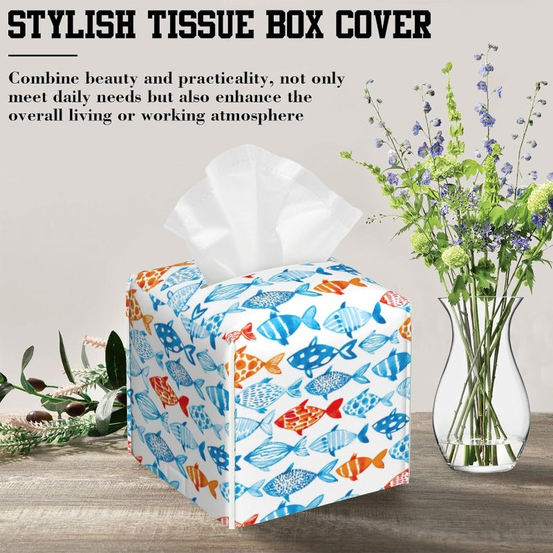 Modern Fish Design Tissue Box Holder - High Quality & Stain-Resistant PVC Leather Square Cube Cover with Blue, Orange, Red, White, Black, Gray, Pink, Brown Fish Pattern - Fits Bathroom, Living Room, Kitchen, Office - Decorative Storage Organizer for