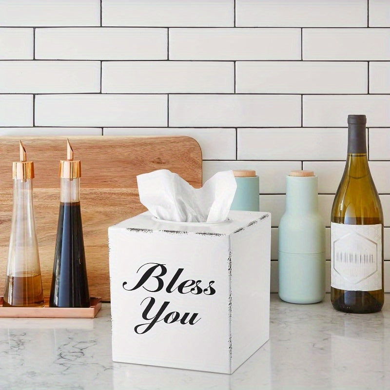 Bless You Tissue Box Cover - Decorative Cube Holder with Open Bottom, Elegant 'Bless You' Text, for Living Room, Bathroom, Office, Tabletop - Housewarming Wedding Gift - White, Office Accessory, Stylish Home Accessory, Sleek Finish, Home Decor Item,
