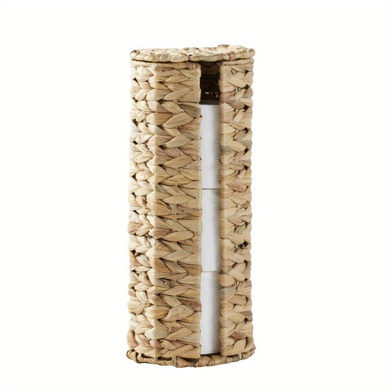 Elegant Beige Woven Tissue Holder with Lid – Natural Hyacinth Design, Round Bathroom Organizer for Toilet Paper, Stylish and Functional Home Decor, Toilet Paper Holder
