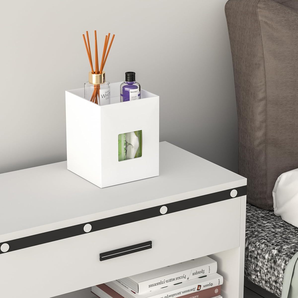 White Acrylic Tissue Box Cover with Storage Tray - Square Napkin Dispenser for Bathroom, Kitchen, Home Office (5.5x5.5x6.7)