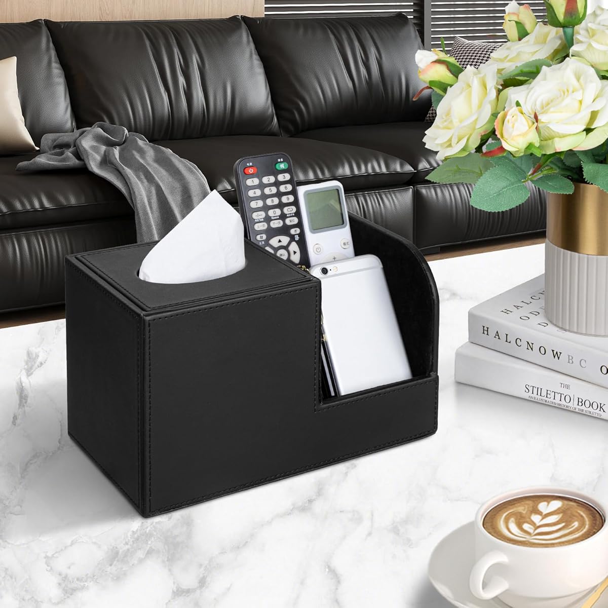 Square Tissue Box Cover with Organizer & Remote Control Holder - 2 Compartments, Magnetic Lid, Durable Plastic, Sleek Black for Living Room, Office, Home Decor