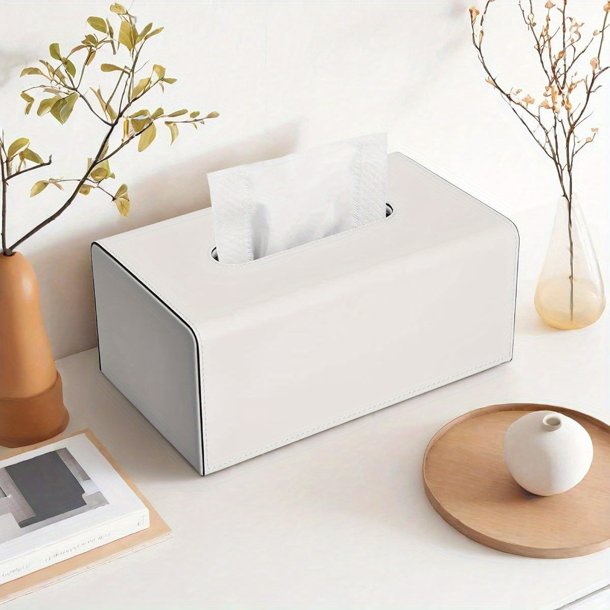 Rectangular Tissue Box Cover Made of PU Leather, Featuring a Magnetic Bottom, Suitable for Facial Tissues Or Napkins, Ideal for Office And Living Room Decoration (Ivory White).