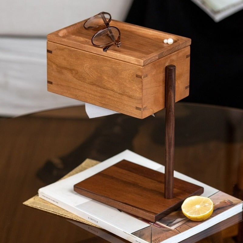 Standing Tissue Box - Sturdy Open-face Design, Compact Desktop Organizer for Home, Office, Hotel, Bathroom - Compatible with Standard Tissues - Modern Minimalist Vintage Decor - Recycled Wood Construction, Hotel Room Accessory, Minimalist Design, Dark