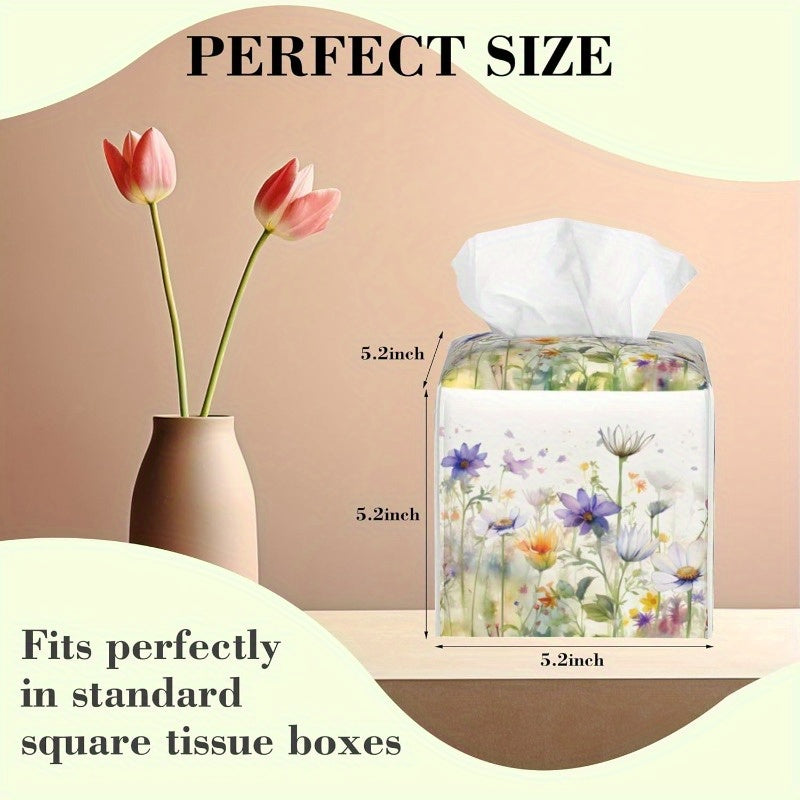 Watercolor Summer Floral Tissue Box Cover - Purple & White Square PVC Leather Holder with Closure, Fit for Bathroom, Desk, Home Decor - Decorative Organizer, Easy to Clean, Bathroom Organizers And Storage, Artistic Design, Soft Texture, Nightstand