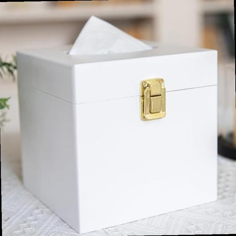 White Tissue Box Cover Square Wooden Tissue Box Holder with Retro Metal Switch Toilet Paper Holder Solid Wood Countertop Bathroom Accessories Home Decor for Living Room