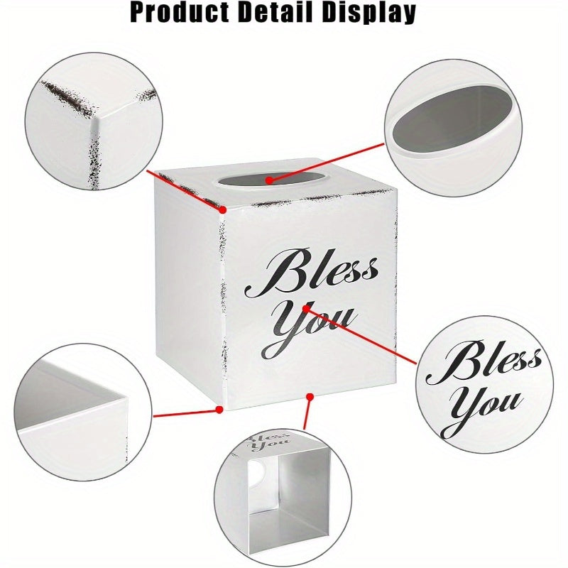 Bless You Tissue Box Cover - Decorative Cube Holder with Open Bottom, Elegant 'Bless You' Text, for Living Room, Bathroom, Office, Tabletop - Housewarming Wedding Gift - White, Office Accessory, Stylish Home Accessory, Sleek Finish, Home Decor Item,