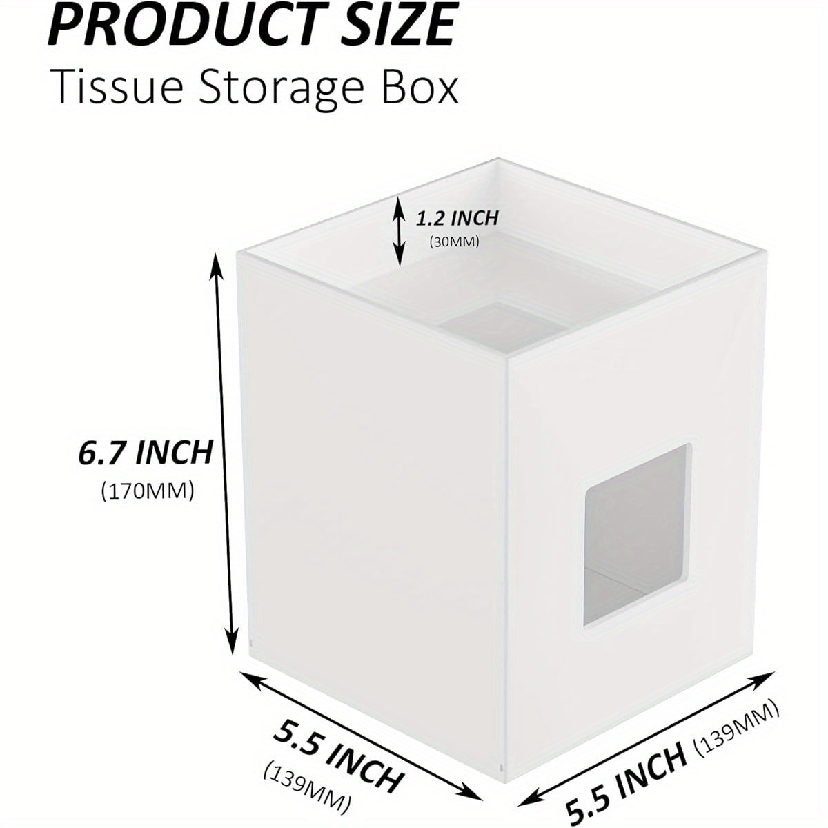 White Acrylic Tissue Box Cover with Storage Tray - Square Napkin Dispenser for Bathroom, Kitchen, Home Office (5.5x5.5x6.7)