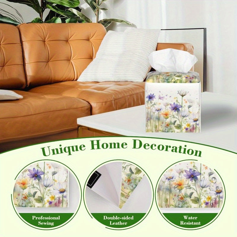 Watercolor Summer Floral Tissue Box Cover - Purple & White Square PVC Leather Holder with Closure, Fit for Bathroom, Desk, Home Decor - Decorative Organizer, Easy to Clean, Bathroom Organizers And Storage, Artistic Design, Soft Texture, Nightstand