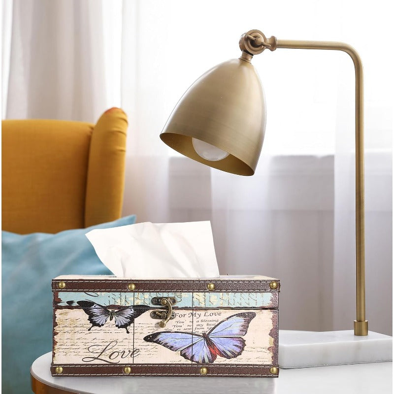 Rectangular Tissue Box Cover with a Lid, Made of Wood, Featuring a PU Cover And a Vintage Pattern, Floral & Butterfly Design, Pink Retro Square Plastic Holder, Beige Background & Brown Frame, Durable Easy-Clean, Suitable for Decorating Bathrooms, Toilets,