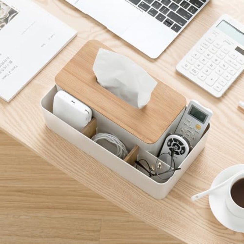 Modern White & Natural Brown Tissue Box Organizer with Bamboo Lid - Multifunctional Rectangular Storage Dispenser with 5 Compartments, Durable PS & Bamboo Construction for Home, Office, Dresser - Space-Saving Tissue Holder with Top Access & Open Shelf