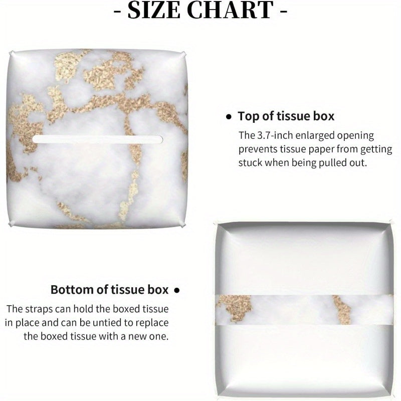 Modern Square Tissue Box Cover - Elegant White & Golden Marble-like design, PU Leather Holder with Closure, Fits Standard Tissues, Decorative Organizer for Living Room, Bathroom, Office, Car - Luxury Home Decor Gift, Bathroom Accessory, Chic Aesthetic,