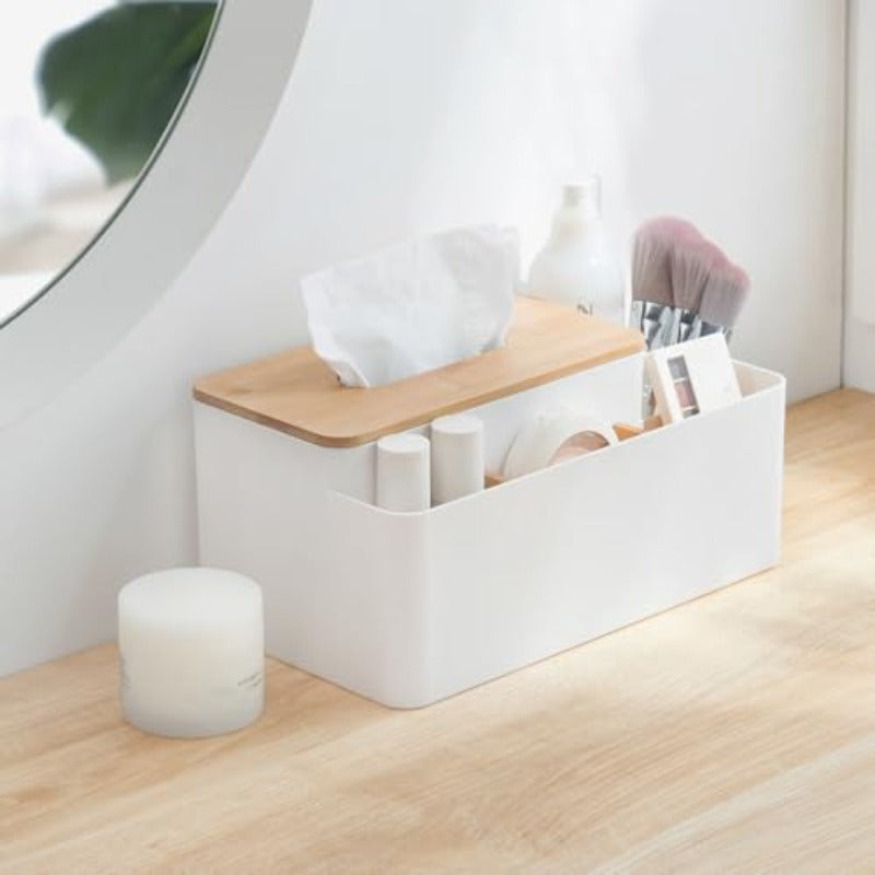 Modern White & Natural Brown Tissue Box Organizer with Bamboo Lid - Multifunctional Rectangular Storage Dispenser with 5 Compartments, Durable PS & Bamboo Construction for Home, Office, Dresser - Space-Saving Tissue Holder with Top Access & Open Shelf