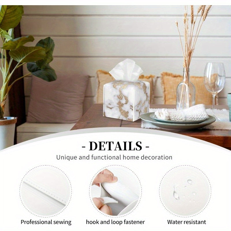 Modern Square Tissue Box Cover - Elegant White & Golden Marble-like design, PU Leather Holder with Closure, Fits Standard Tissues, Decorative Organizer for Living Room, Bathroom, Office, Car - Luxury Home Decor Gift, Bathroom Accessory, Chic Aesthetic,