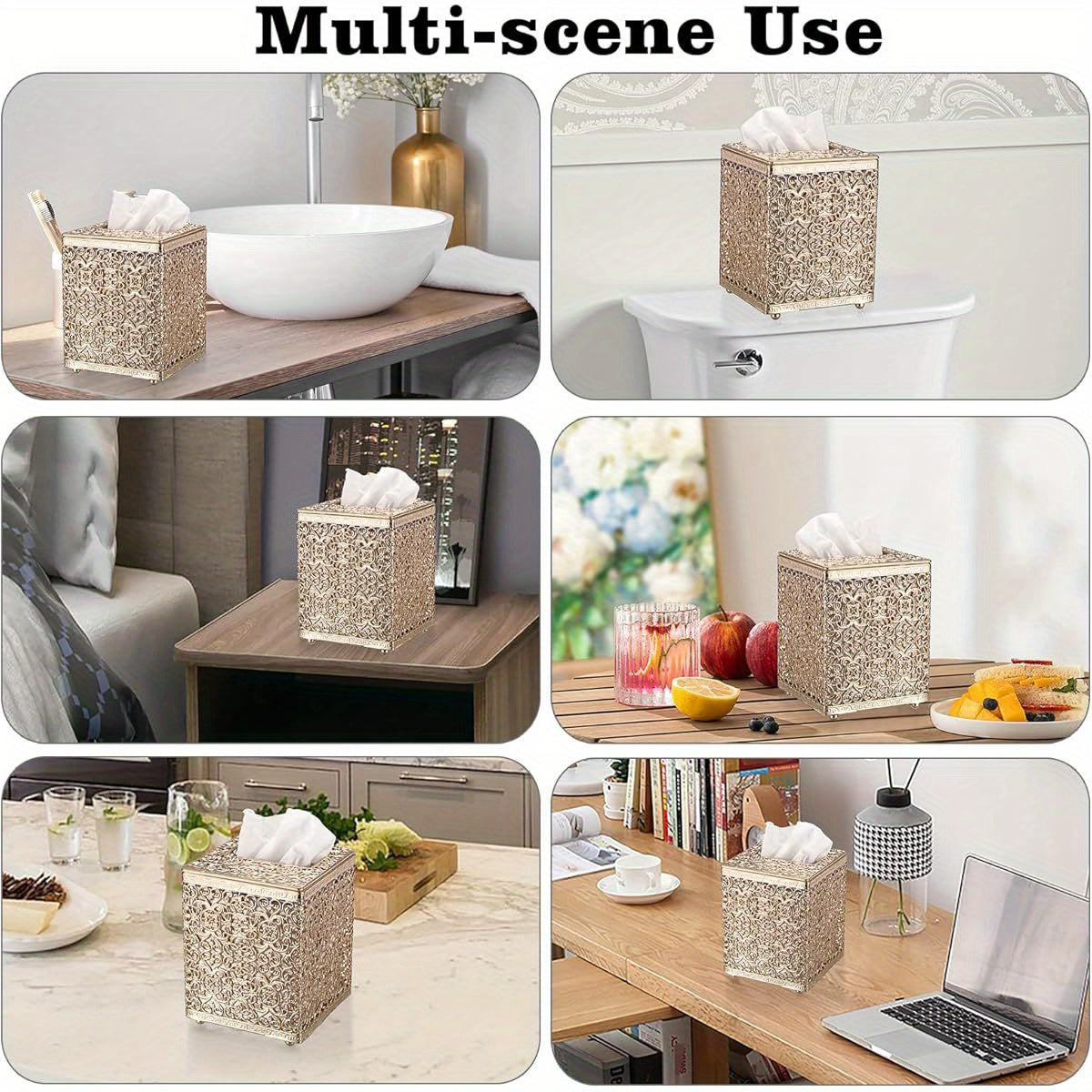 Metal Golden Tissue Box Cover with Lid - Square Modern Rustproof Tissue Holder, Sturdy Flip-Top Design for Bathroom, Kitchen, Home & Office - Decorative Cube Tissue Case Compatible with Standard Cardboard Boxes, Easy to Clean & Space-Saving Decor, Tissue