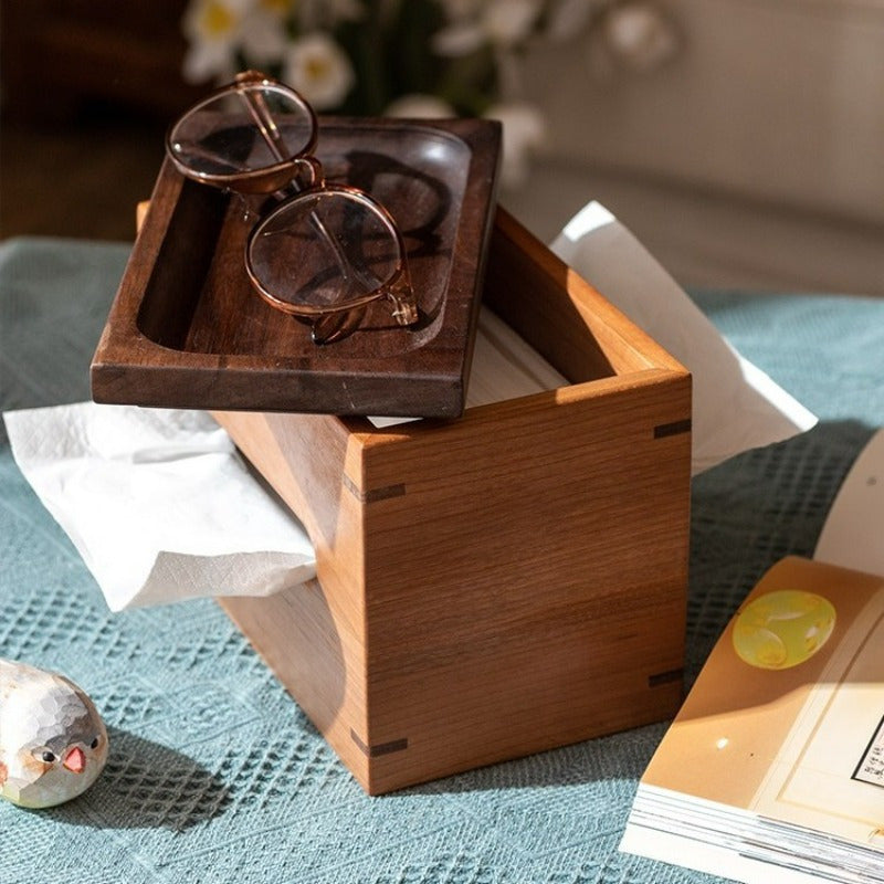 Standing Tissue Box - Sturdy Open-face Design, Compact Desktop Organizer for Home, Office, Hotel, Bathroom - Compatible with Standard Tissues - Modern Minimalist Vintage Decor - Recycled Wood Construction, Hotel Room Accessory, Minimalist Design, Dark