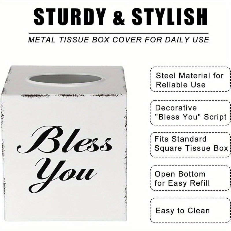 Bless You Tissue Box Cover - Decorative Cube Holder with Open Bottom, Elegant 'Bless You' Text, for Living Room, Bathroom, Office, Tabletop - Housewarming Wedding Gift - White, Office Accessory, Stylish Home Accessory, Sleek Finish, Home Decor Item,