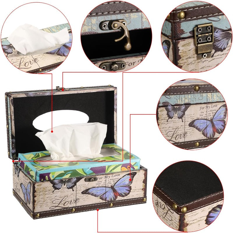 Rectangular Tissue Box Cover with a Lid, Made of Wood, Featuring a PU Cover And a Vintage Pattern, Floral & Butterfly Design, Pink Retro Square Plastic Holder, Beige Background & Brown Frame, Durable Easy-Clean, Suitable for Decorating Bathrooms, Toilets,