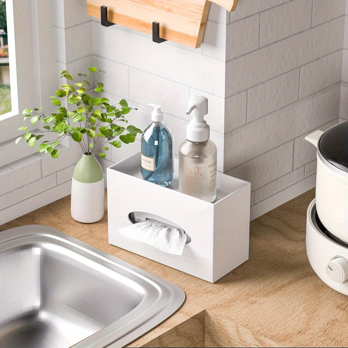 Modern Minimalist Tissue Box Cover and Dispenser with Built-in Storage Tray - Space-Saving Organizer, Durable Plastic Construction for Bathroom, Kitchen, Home, Office - Fits Standard Tissues (9.85x4.5x6.3 Inches) - Decorative Countertop or Under Cabinet