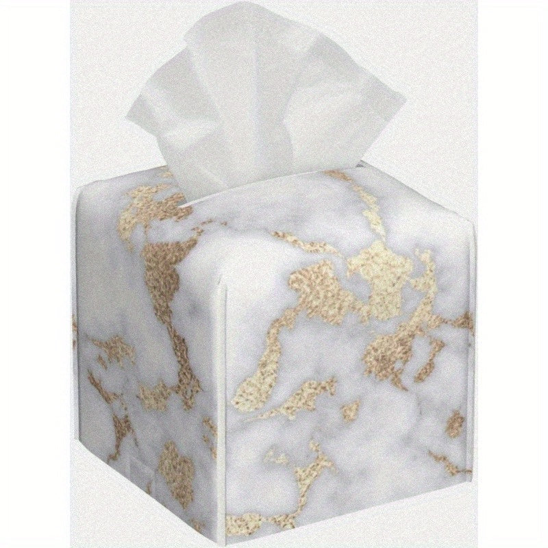 Modern Square Tissue Box Cover - Elegant White & Golden Marble-like design, PU Leather Holder with Closure, Fits Standard Tissues, Decorative Organizer for Living Room, Bathroom, Office, Car - Luxury Home Decor Gift, Bathroom Accessory, Chic Aesthetic,