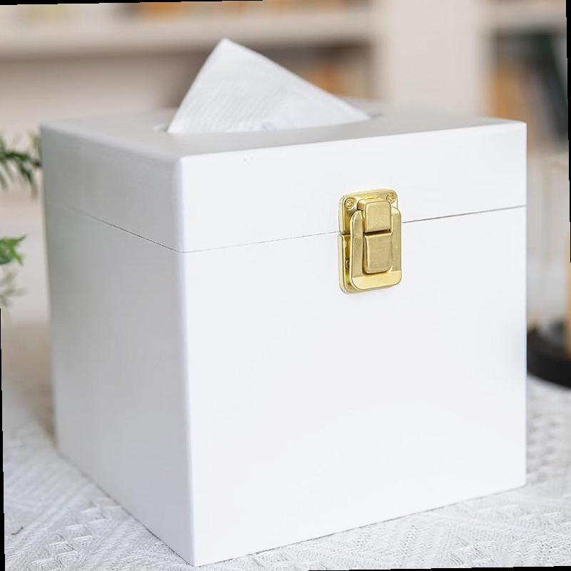 White Tissue Box Cover Square Wooden Tissue Box Holder with Retro Metal Switch Toilet Paper Holder Solid Wood Countertop Bathroom Accessories Home Decor for Living Room