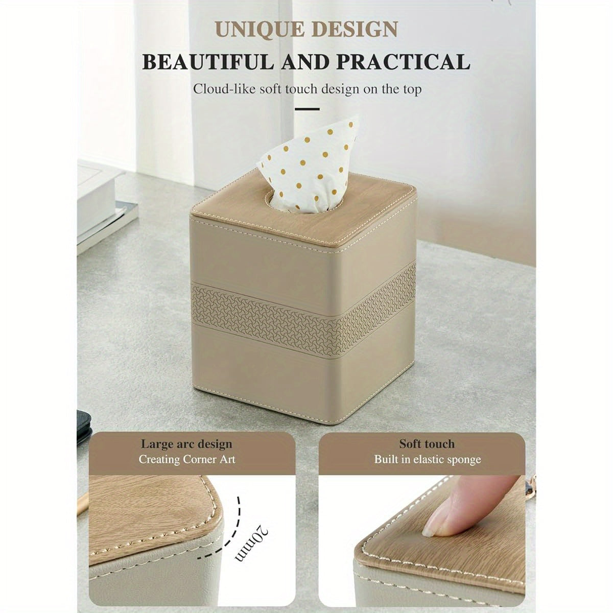 Cloudever Modern Square Tissue Box Holder Cover - White Pepper PU Leather-like Plastic Decorative Organizer with Curved Corners & Built-In Sponge Cushion, Compatible with Upright Tissue Boxes for Living Room, Bathroom, Kitchen - Space-Saving Cube Design,